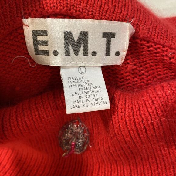 Vintage Soft Red Silk‎ Wool Angora Blend Beaded Leaves Off Shoulder Sweater Sz L - Picture 7 of 9